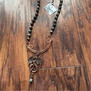 Copper dragon with green beads necklace